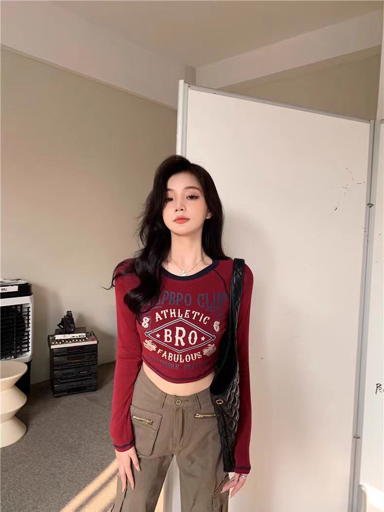 American short hot girl tight T-shirt for women 2025 autumn and winter new design niche base shirt underwear