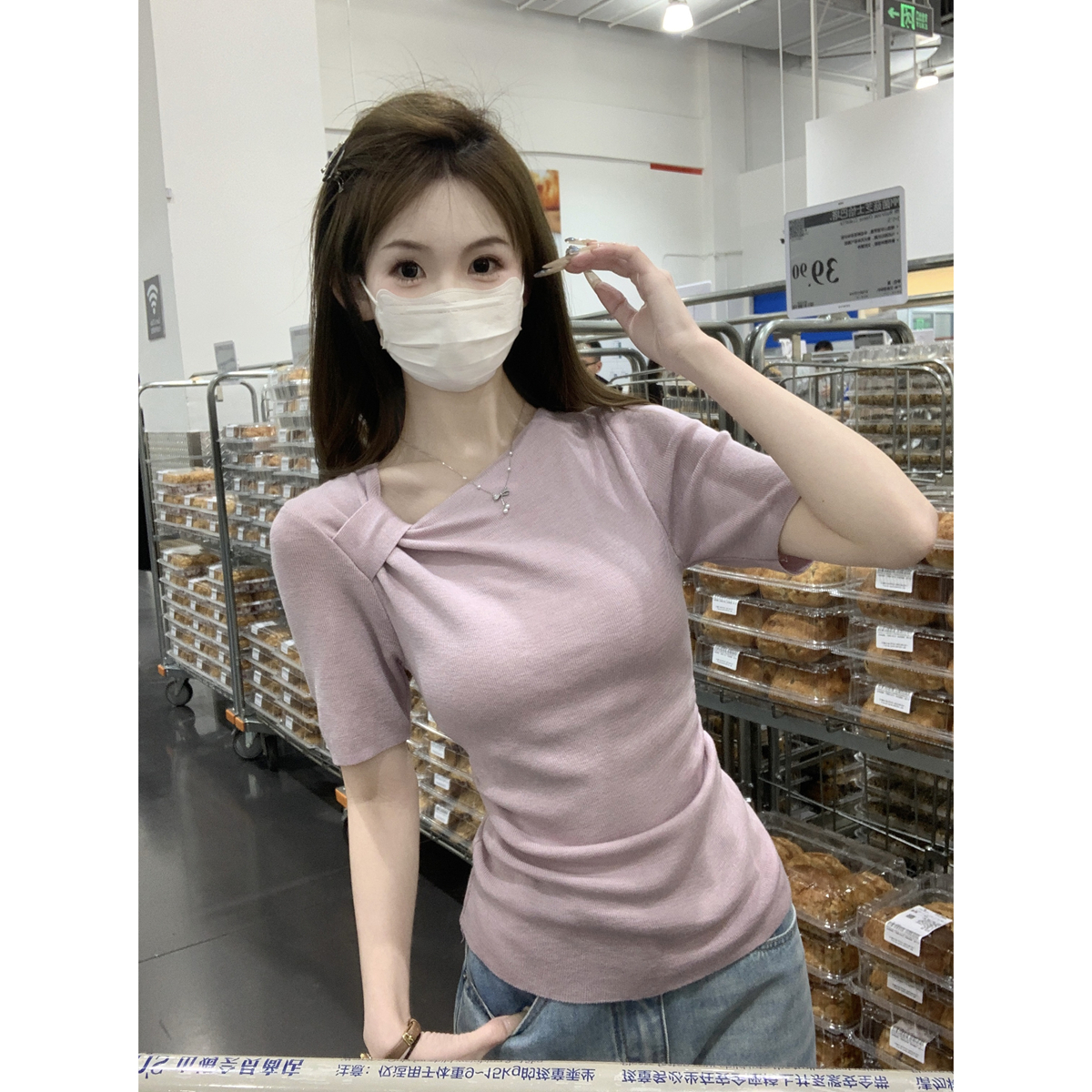Real shot of spring and summer Korean version sweet kink pleated design 6 wool sweater short-sleeved top for women