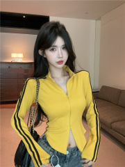 實拍~美式復古撞色條紋拉鏈立領長袖t恤早春新款修身上衣外套