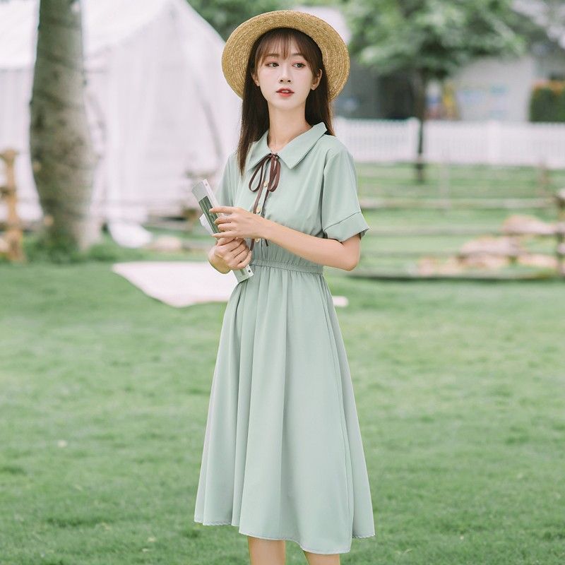 小清新polo翻領雪紡連衣裙夏收腰顯瘦甜美學院風學生少女裙小個子