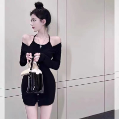 Fake two-piece halter dress with a feminine and pure temperament, sweet hot girl waist-pack hip skirt