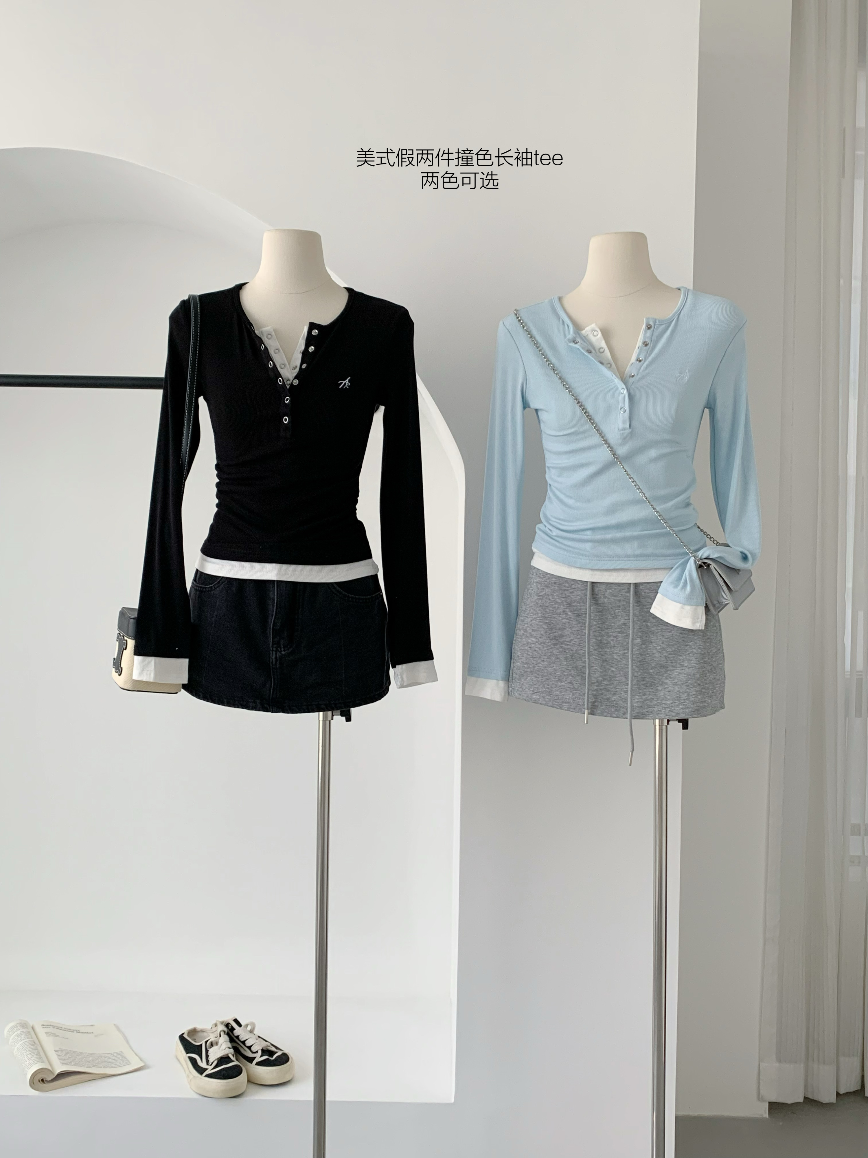 American hot girl V-neck front shoulder long-sleeved T-shirt for women 2025 new spring base shirt fake two-piece top