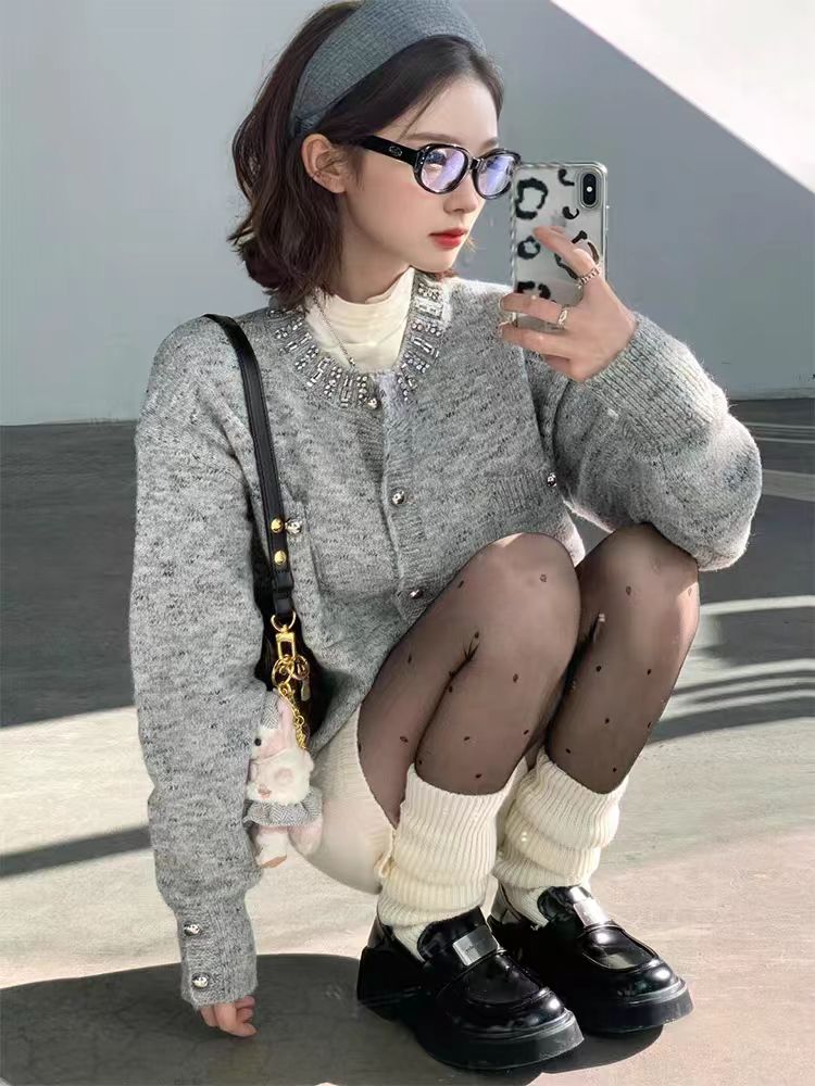 灰色針織開衫女春秋裝新款早春chic小香風毛衣外套外搭高級感