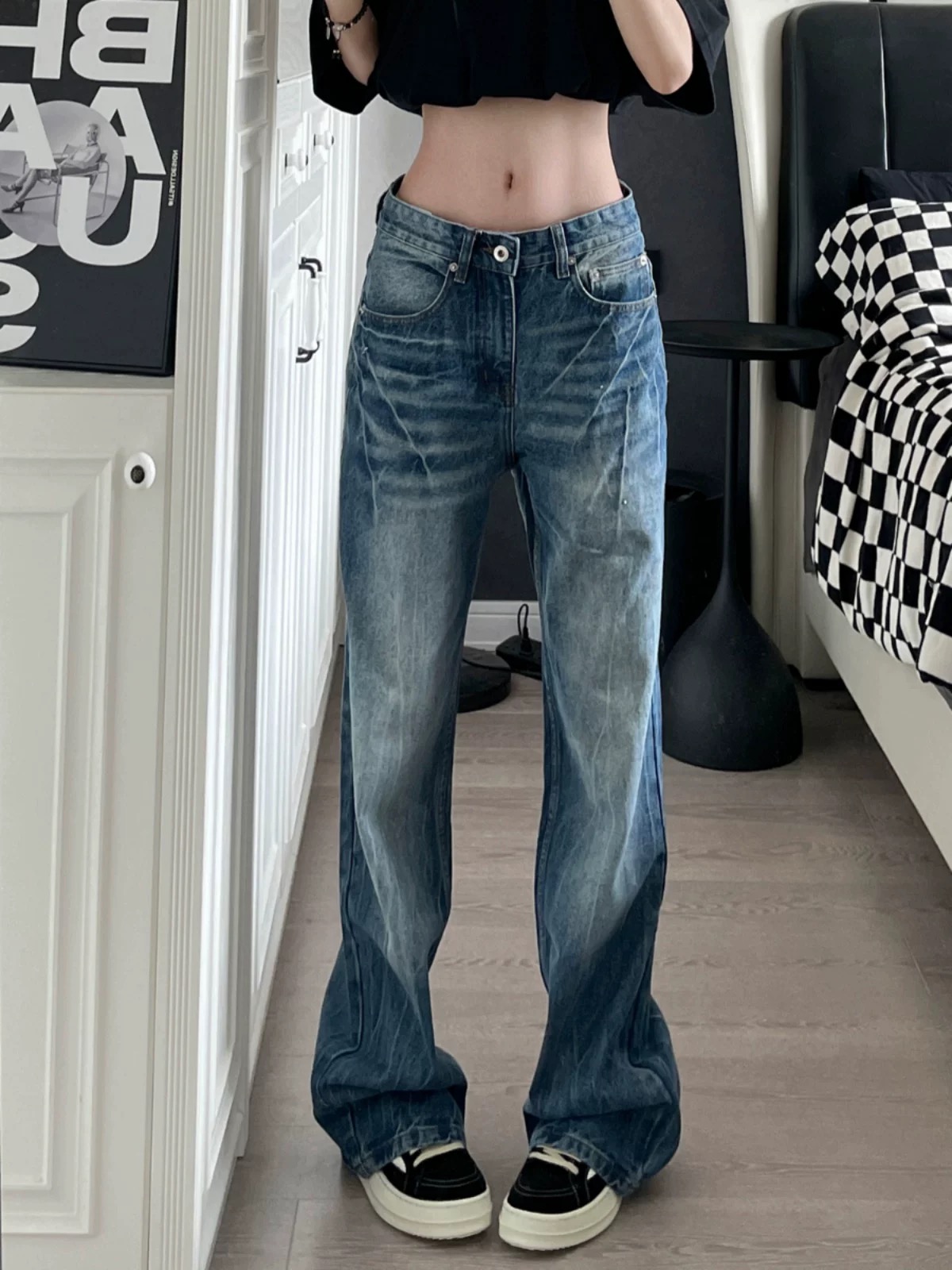 American Washed Lightning Crack Blue Jeans New Fashion Brand Draped Loose Straight Pants Trendy