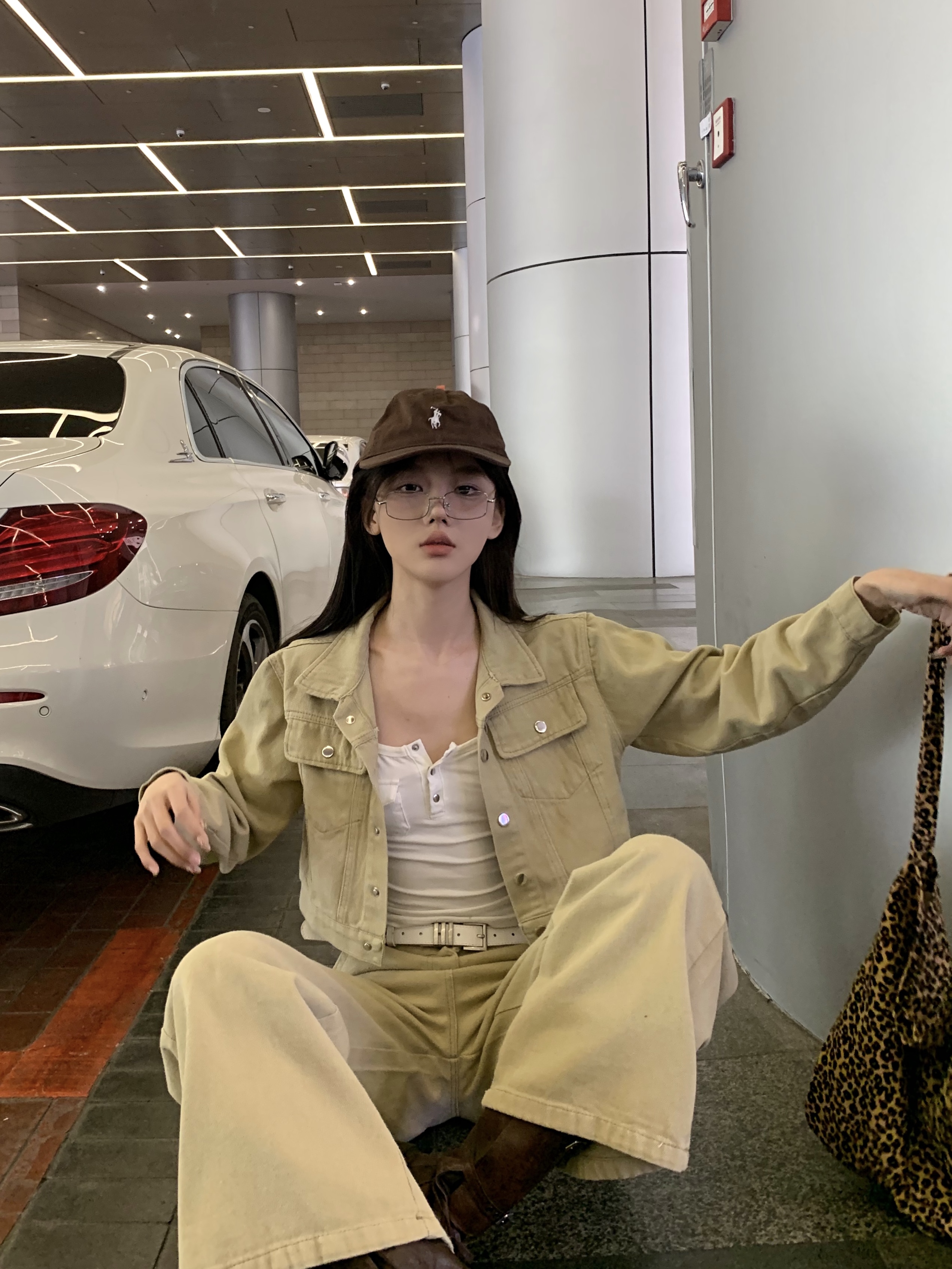 Real shot Khaki spring fashion lapel short jacket casual wide-leg trousers denim two-piece suit