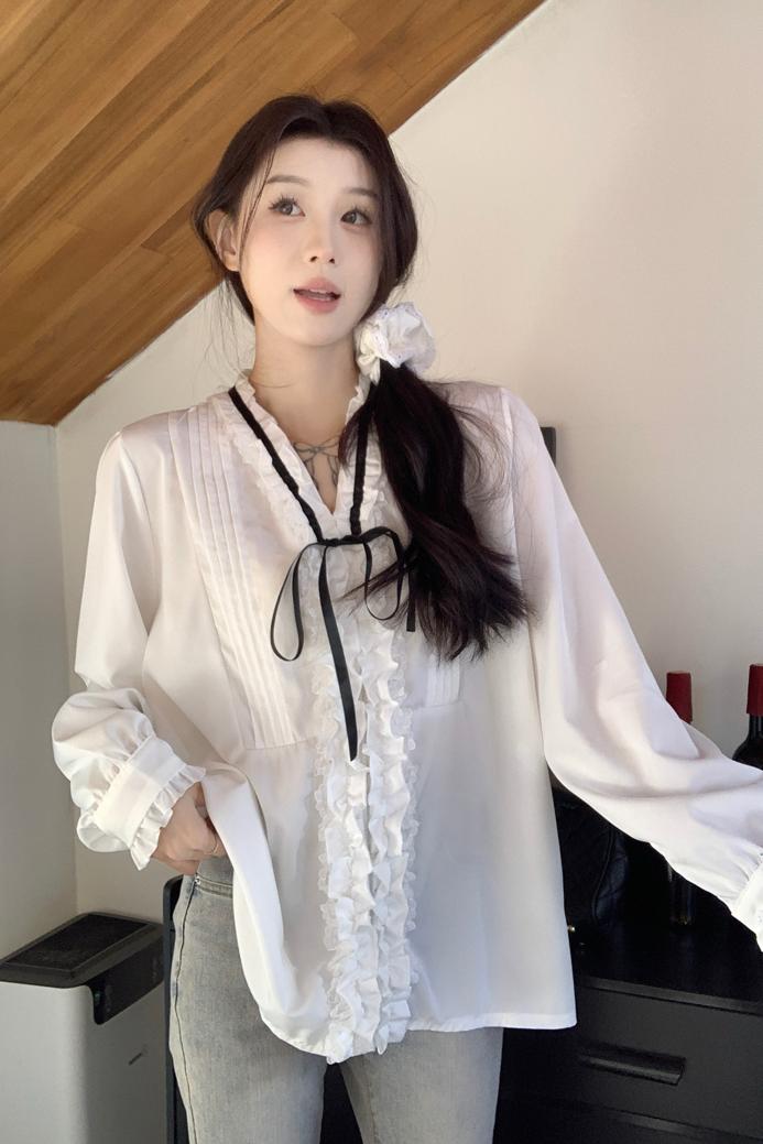 法式復古千金風v領系帶蝴蝶結襯衫女裝長袖內搭外穿白色甜美上衣