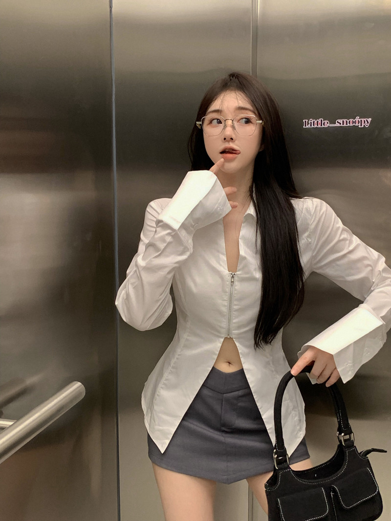 白色防曬長袖襯衫女早秋2025新款辣妹收腰拉鏈別致設計感小眾上衣