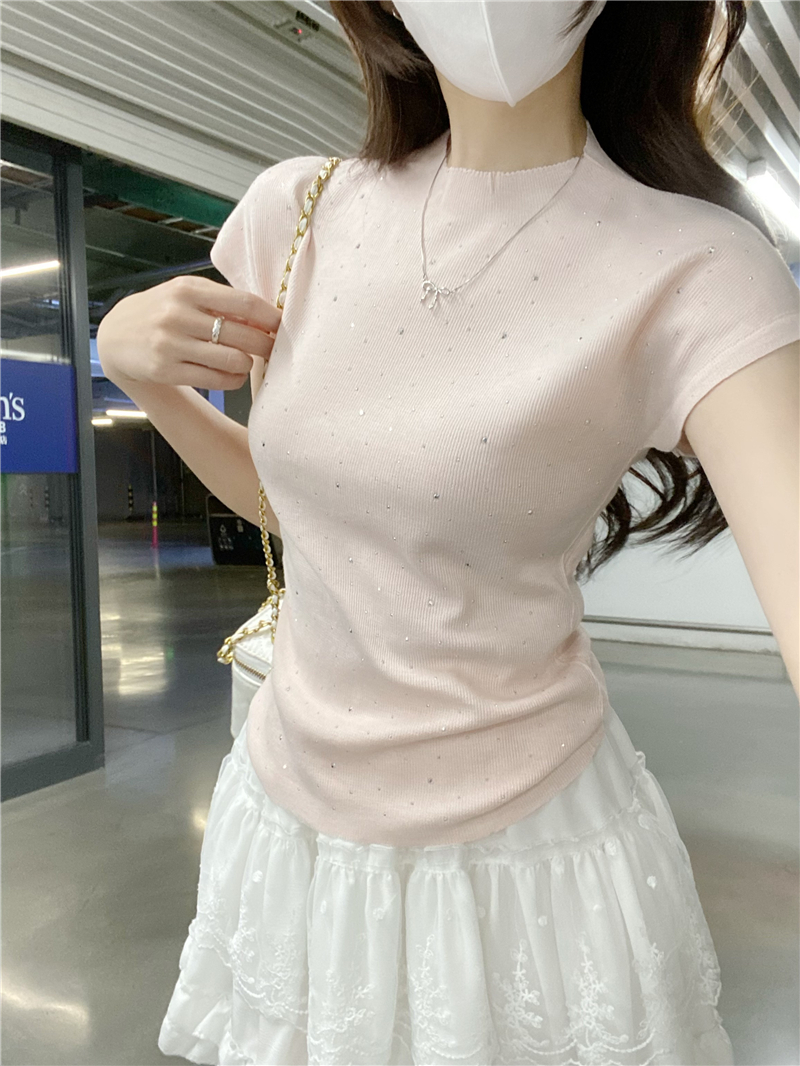 Real shot of summer Korean style fashion star-shaped diamond round neck small flying sleeve sweater to make you look slim and versatile short sleeves
