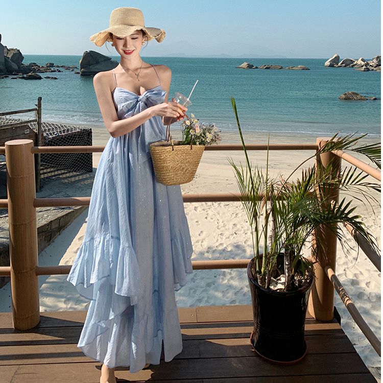 2025 summer vacation style travel Sanya beach dress thin glitter gentle blue backless suspender dress