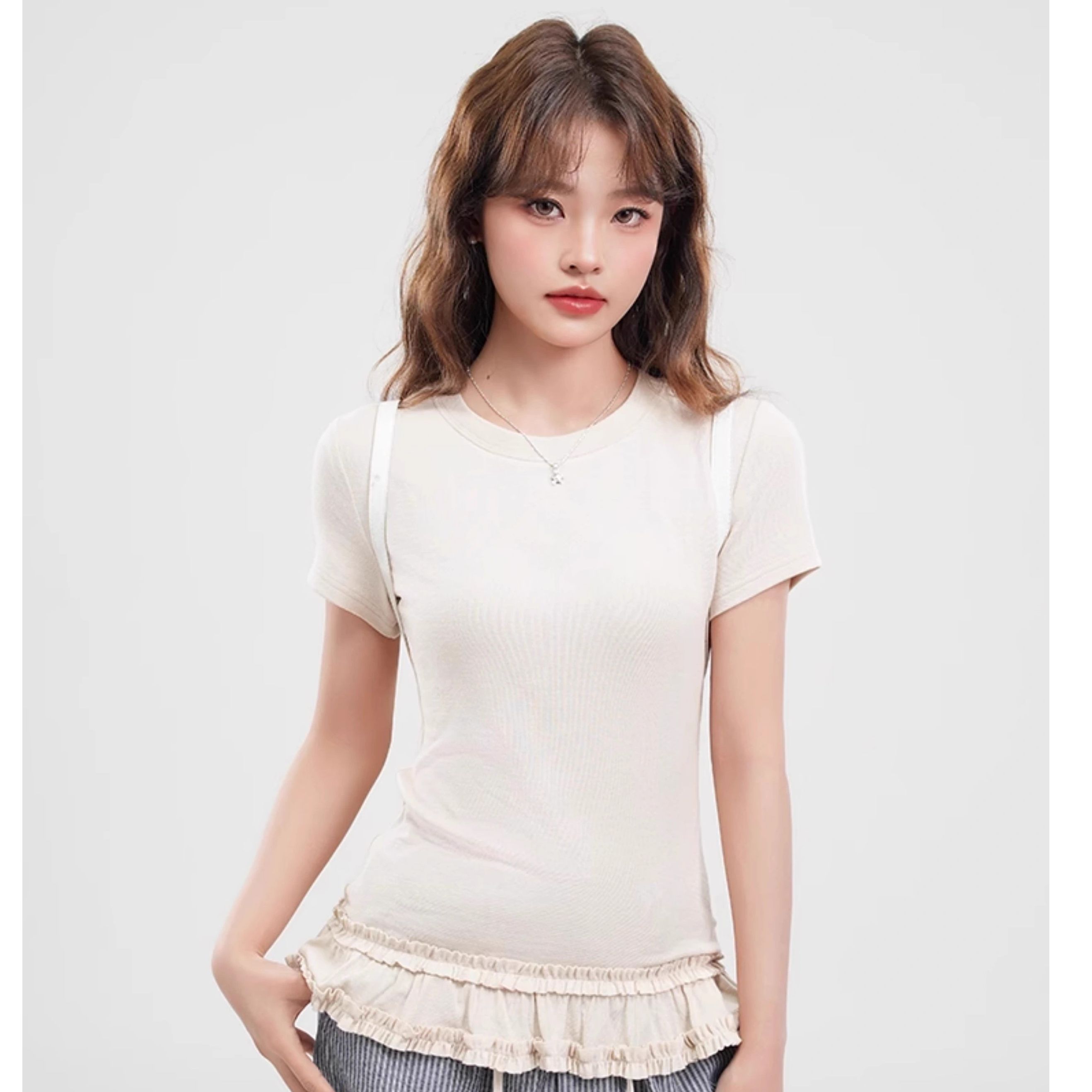 French temperament high-end lace hem short-sleeved T-shirt for women's bottom shirt slim shoulder top