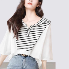 海軍領條紋T恤女2025年夏季新款假兩件寬鬆襯衫上衣