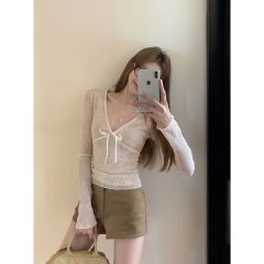 Real shot of spring Korean style cross v-neck lace lace pure long-sleeved T-shirt top for women