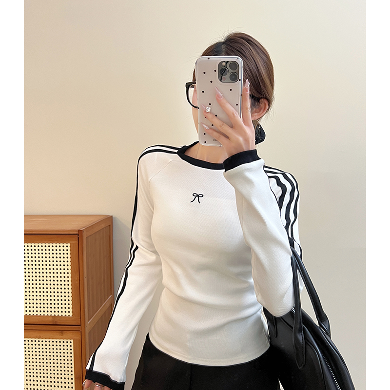 Bow embroidered inner bottom shirt for women 2025 spring hot girl short slim body shirt front shoulder long sleeves