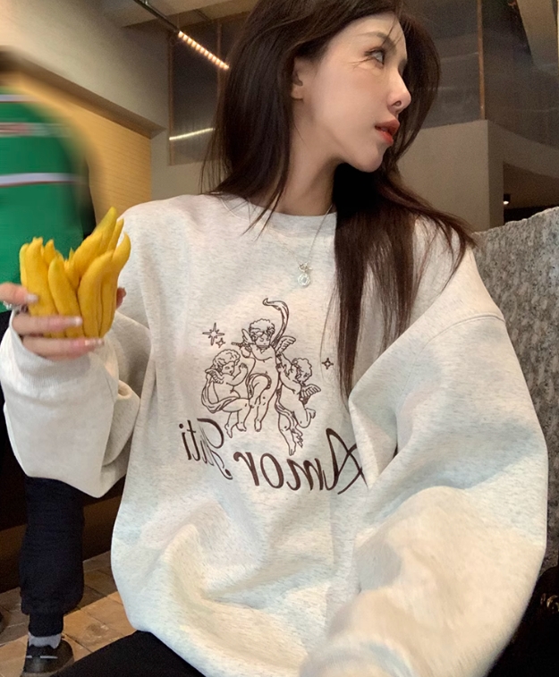 Korean Dongdaemen Spring and Autumn Age-reducing Letter Print Round Neck Loose and Versatile Long Sleeve Sweatshirt for Women