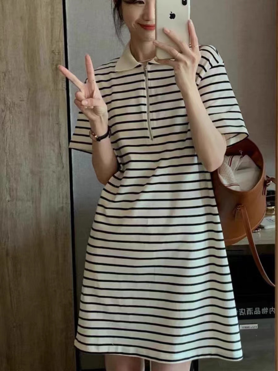 茶歇法式條紋polo領短袖連衣裙小個子2025新款女裝氣質短裙子夏季