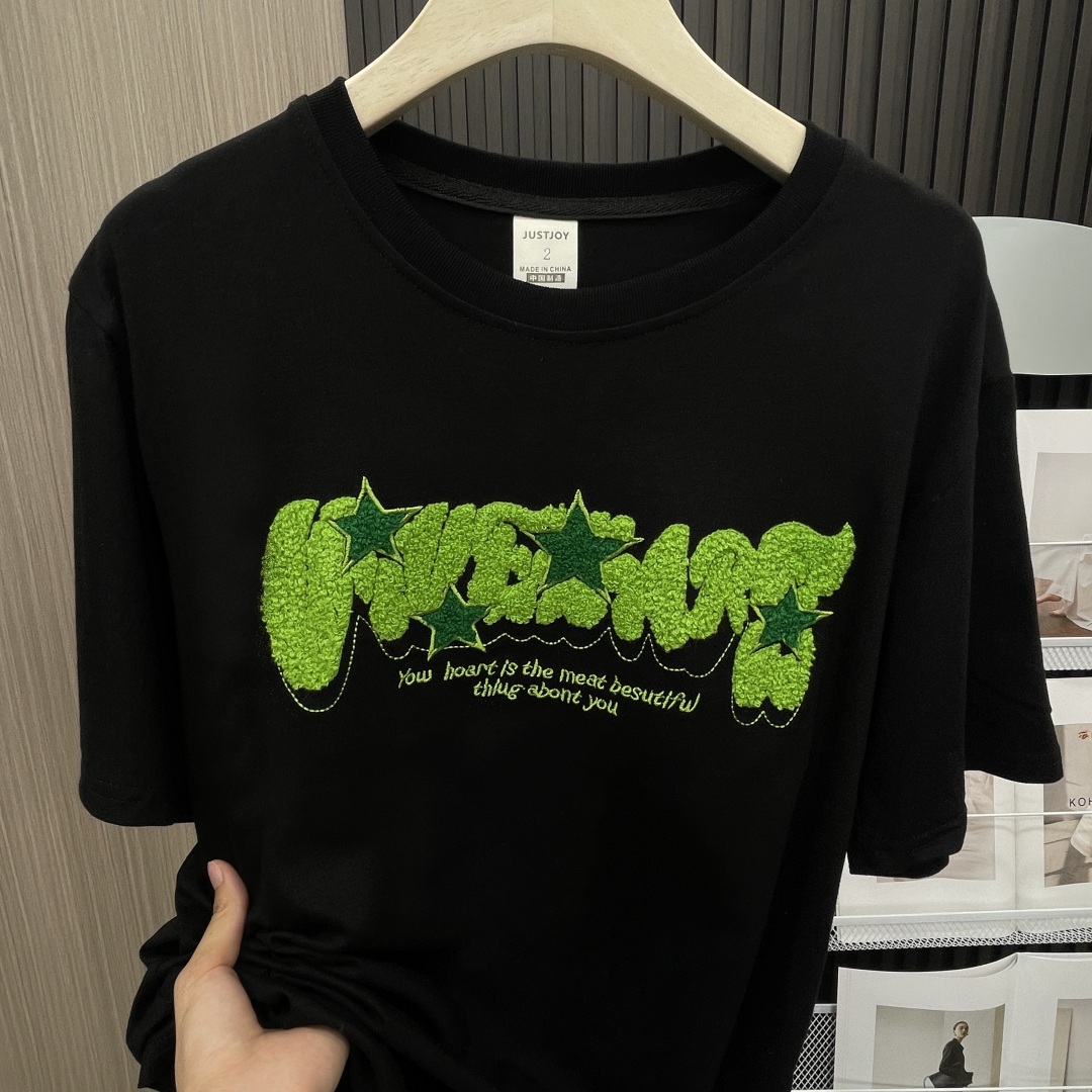 實拍21支210g精梳純棉夏季大碼美式復古字母星星刺繡短袖潮牌上衣