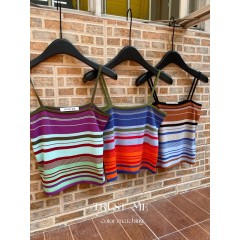 高級感彩虹條紋撞色針織吊帶背心上衣針織衫