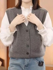 韓系高級感愛心鑲鑽單排扣v領針織馬甲慵懶風無袖背心休閒上衣女