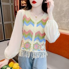 韓國東大門秋季復古重工鈎花鏤空拼接雪紡衫小衫女小香風上衣