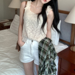 原創 韓版純色吊帶背心薄款微透休閒無袖上衣褶皺花邊吊帶針織衫