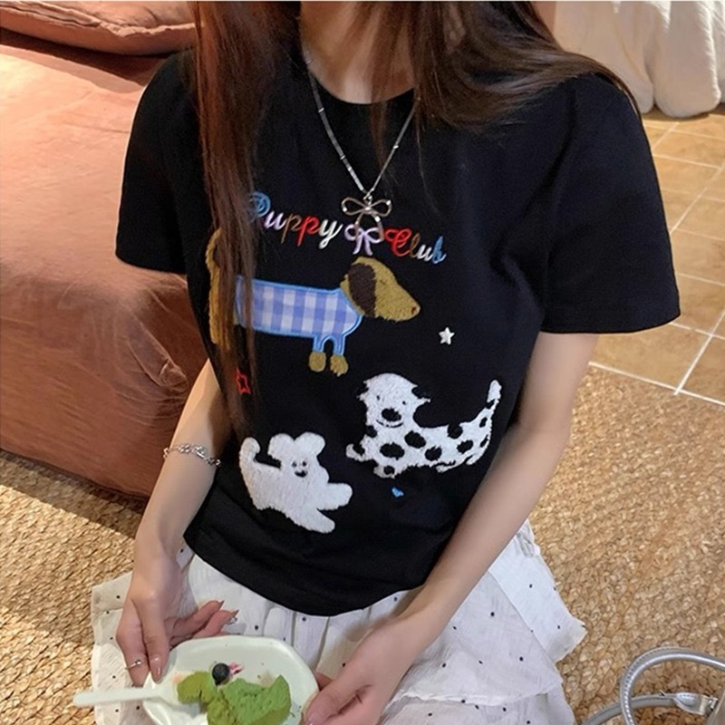 Shipped Pure Cotton Towel Embroidery Cute puppy Towel Embroidery Short Sleeve Age Reducing T-shirt for Women