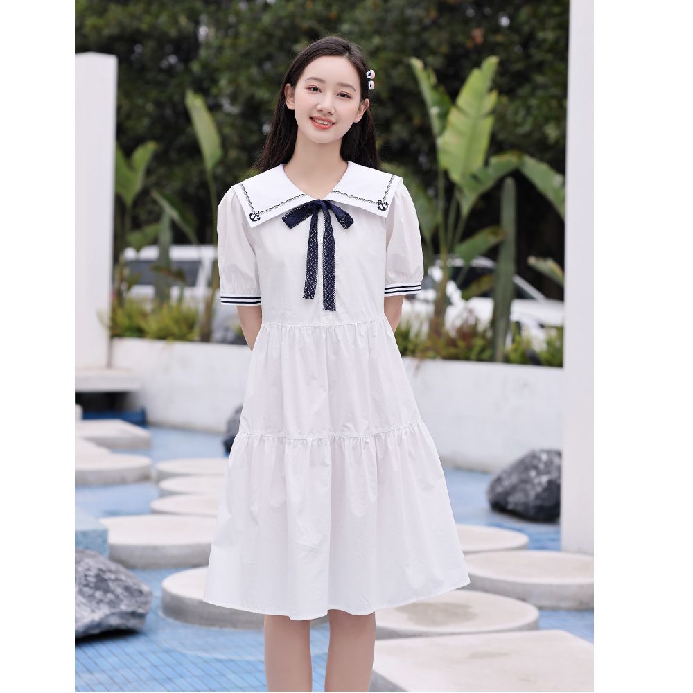 學院風海軍領連衣裙少女夏裝初中高中學生小個子日系甜美初戀裙子