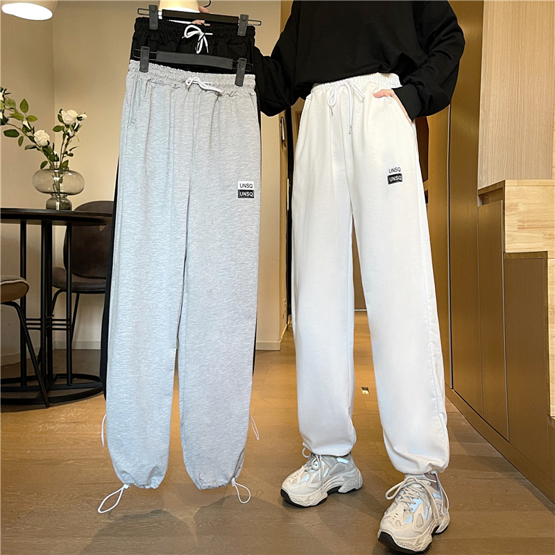 -Real shot 65/35 Fish Scale Spring New Loose Drawstring Feet Casual Wide Leg Pants for Women