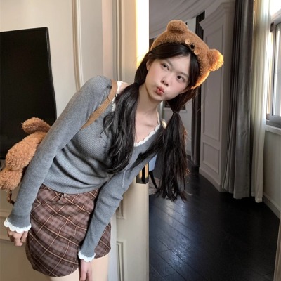 包芯紗針織毛衣撞色綁帶蝴蝶結U領針織衫女修身打底衫上衣