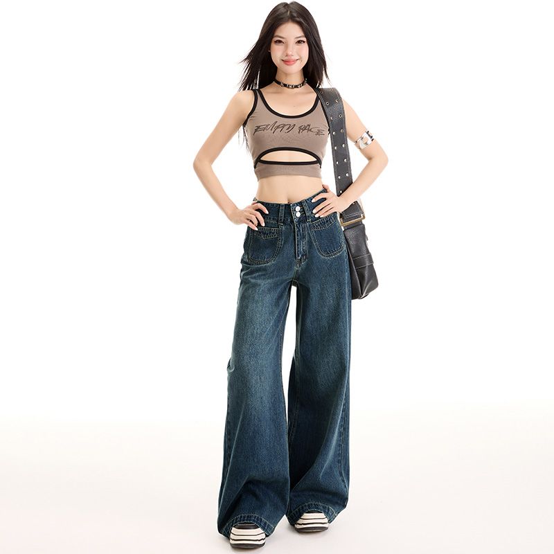 Real shot of 2025 spring fashion trend casual pants for women high waist drooping wide-leg pants