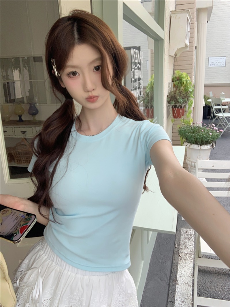Real shot of fine cotton short-sleeved base shirt with T-shirt underneath new slim hot girl short shoulder tights