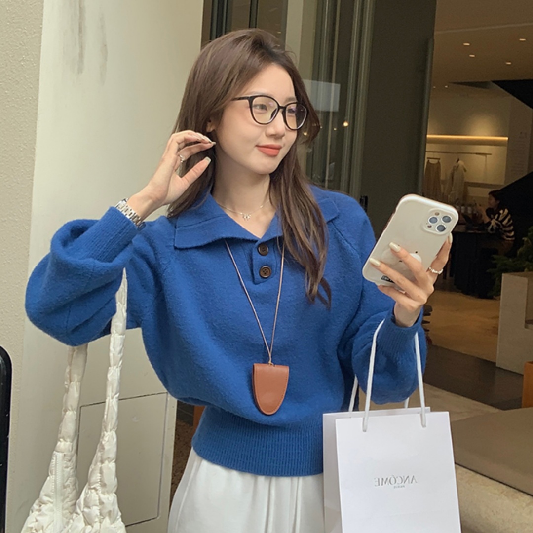 Women's U-77 Melon Blue Polo Collar Knit Sweater with Korean Style, High Grade, Loose and Slimming, Soft and Versatile Short-Sleeve Top