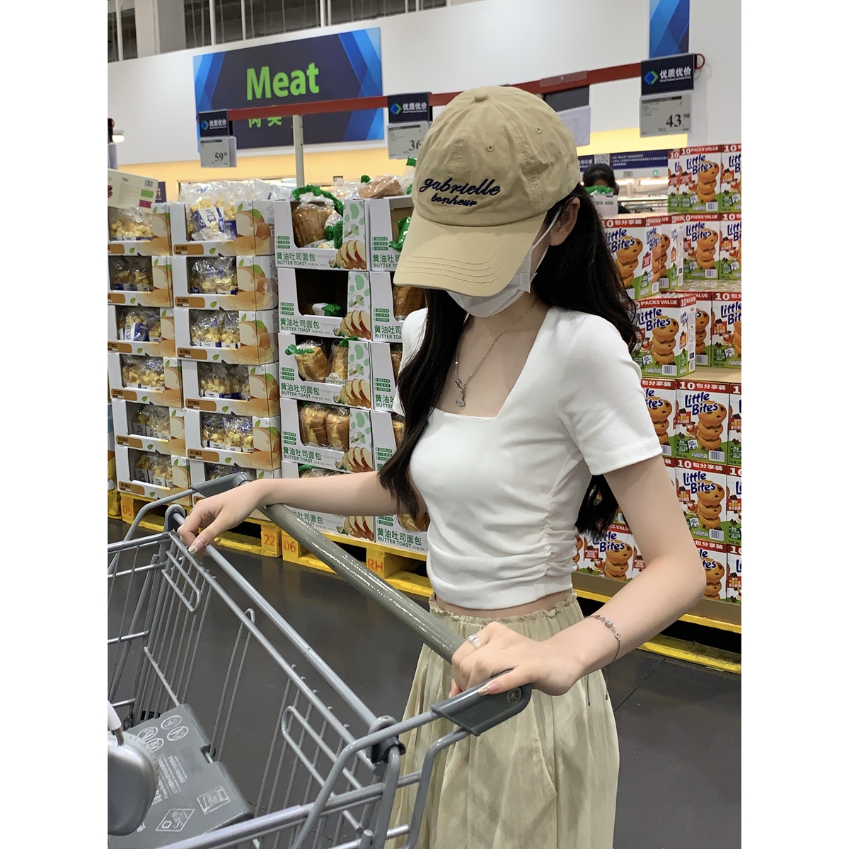 Real-life spring and summer Korean style slim square collar short solid color pleated design pure cotton T-shirt short-sleeved women's top