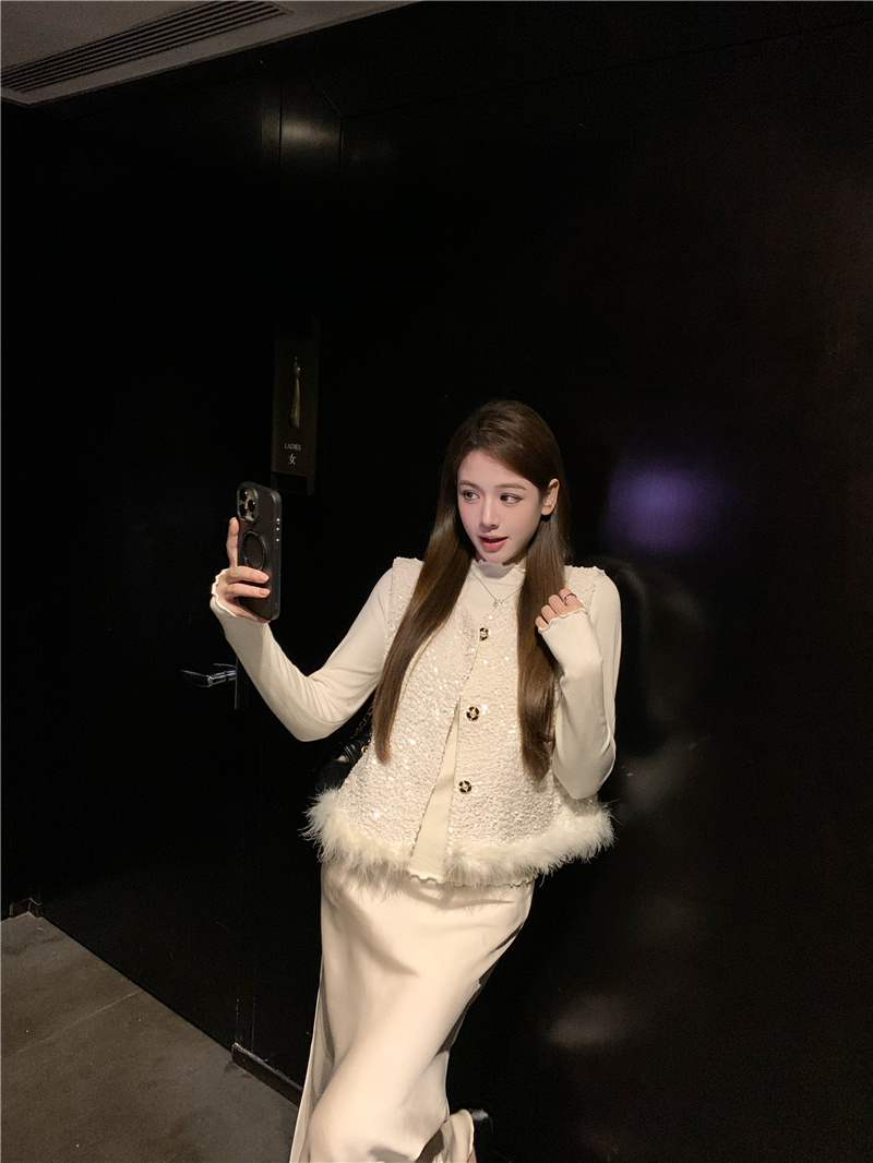 Real shot~2025 early spring new style small fragrance ostrich feather sequin fashionable waistcoat vest top coat for women 