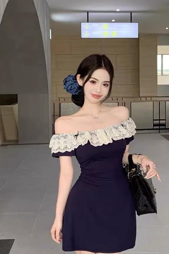 Korean style blue short-sleeved dress for women in summer lace splicing slim short skirt pleated waist-pack hip skirt