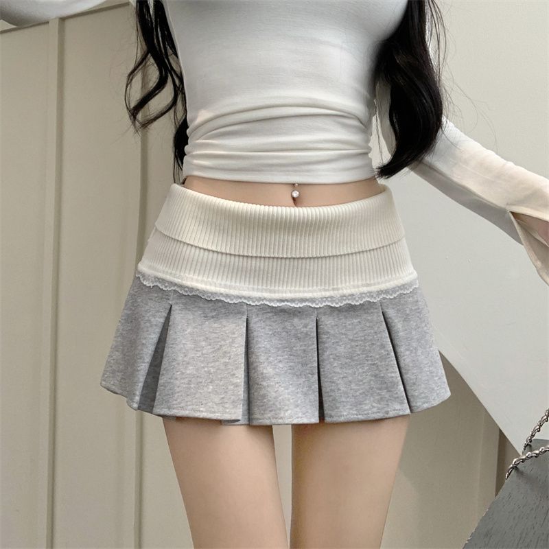 Unlined high-waisted lace spliced ​​pleated skirt for women's college style skirt short skirt 2025 spring and summer new style