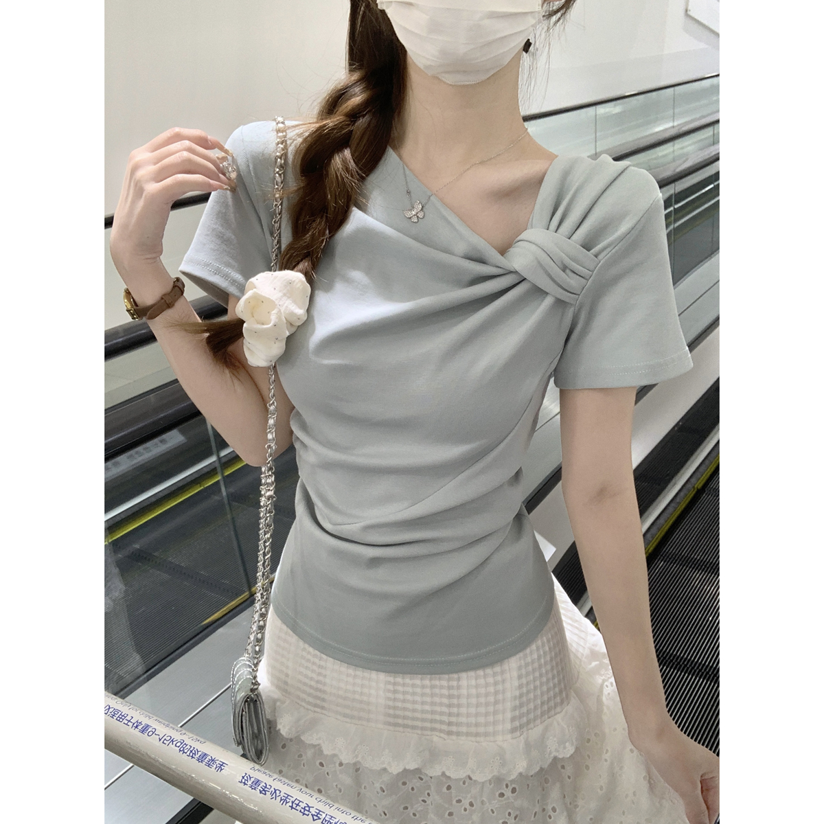 Real shot of spring and summer Korean style, gentle knot design, versatile pure cotton short-sleeved T-shirt top for women