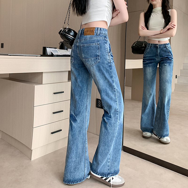 實拍~美式復古辣妹微喇叭牛仔褲女新款設計感高腰寬鬆長褲子