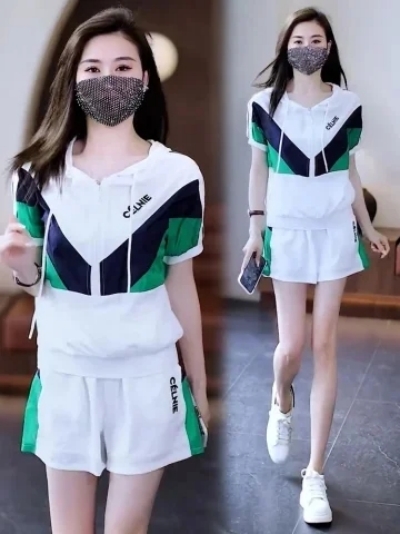 時尚休閒套裝女2025夏季新款小個子拼色時髦洋氣減齡運動服兩件套