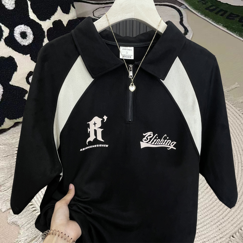 200g麂皮絨 男女情侶款學院風短袖T恤Polo領拼接休閒大碼300斤潮