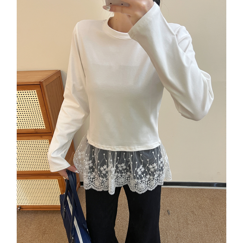 Lace hem base shirt 2025 spring and autumn design style white long-sleeved T-shirt women's top