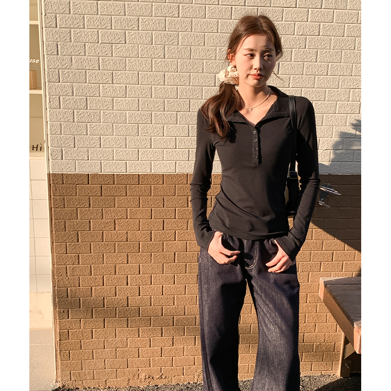 Polo shirt, front shoulder long sleeve T-shirt for women 2025 early spring new American hot girl button top underwear base shirt