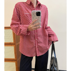 Real photo of Hong Kong style retro embroidered red plaid shirt for women in spring loose shirt coat layered top