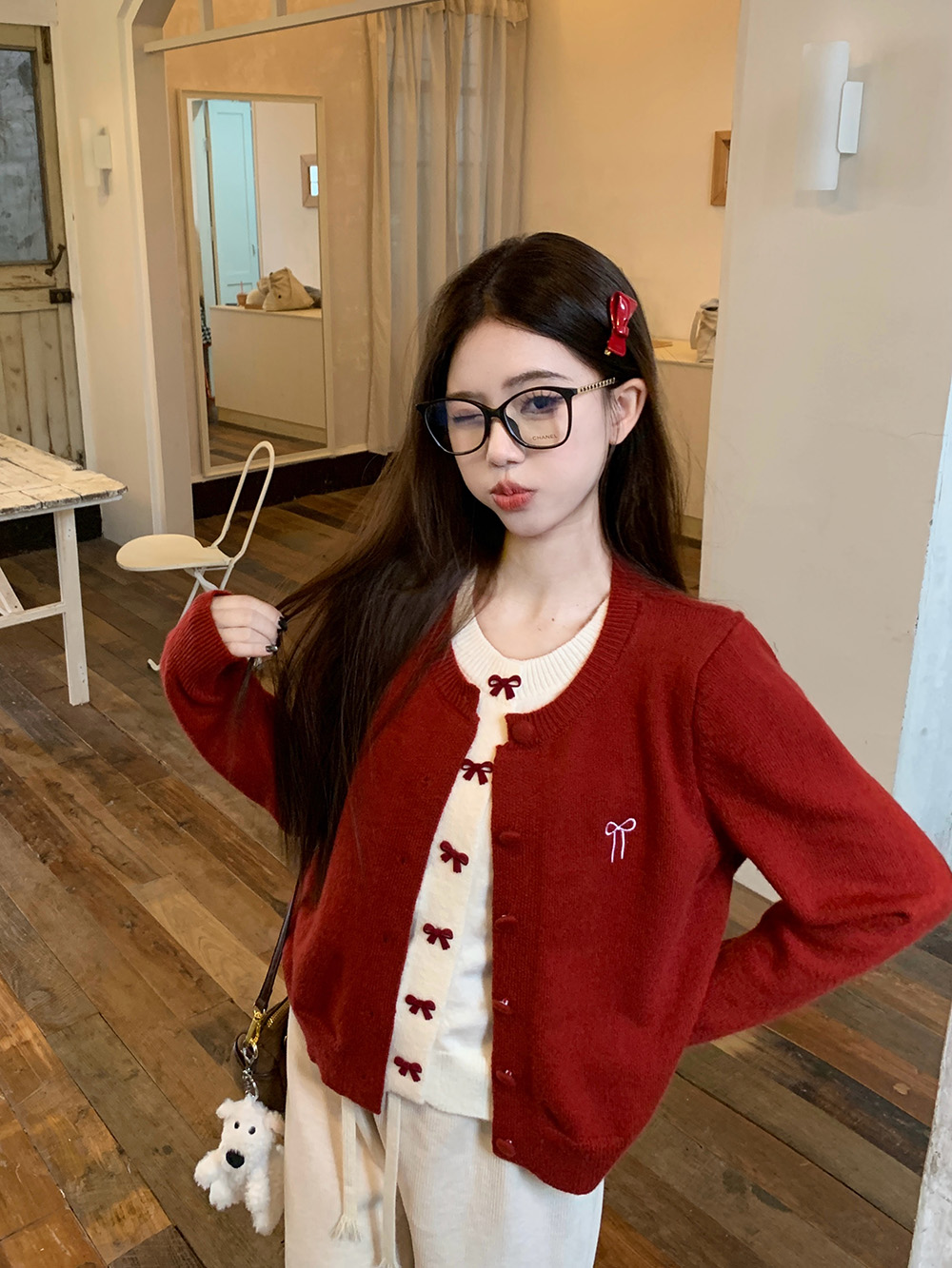 韓系新款刺繡蝴蝶結假兩件設計感秋冬新款甜美少女感毛衣外套
