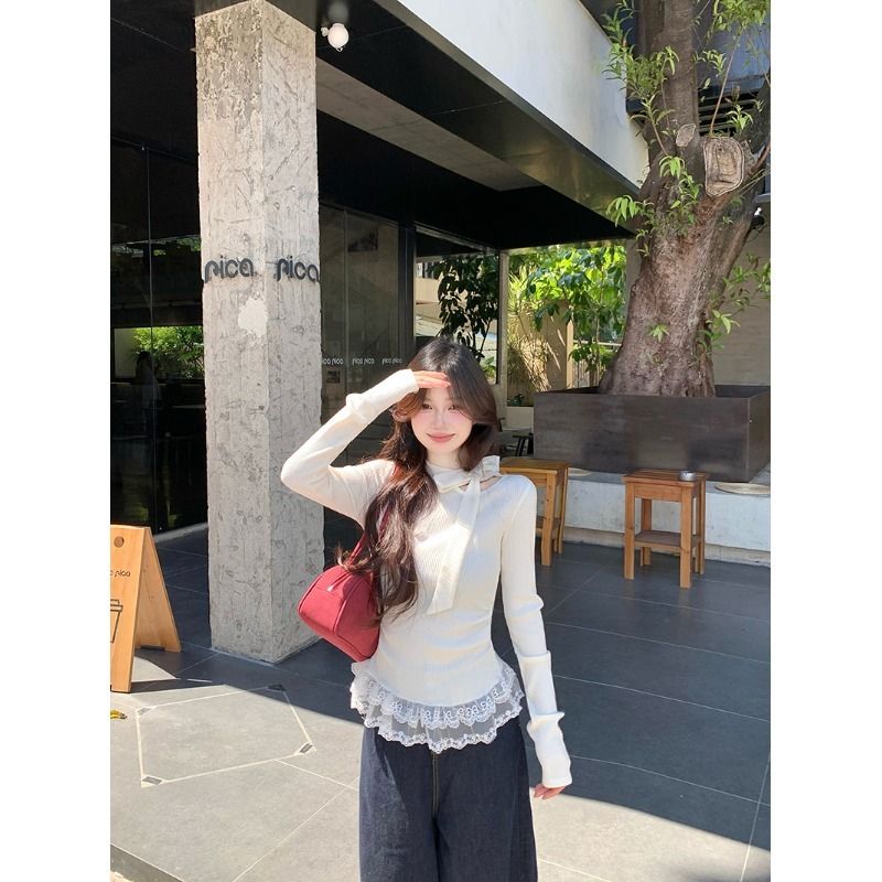 Comfortable fleece Original quality Korean white base shirt for women with early autumn bows and small fragrant lace top