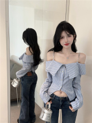 實拍~2025春季新款一字肩條紋藍色襯衫女洋氣收腰設計感上衣