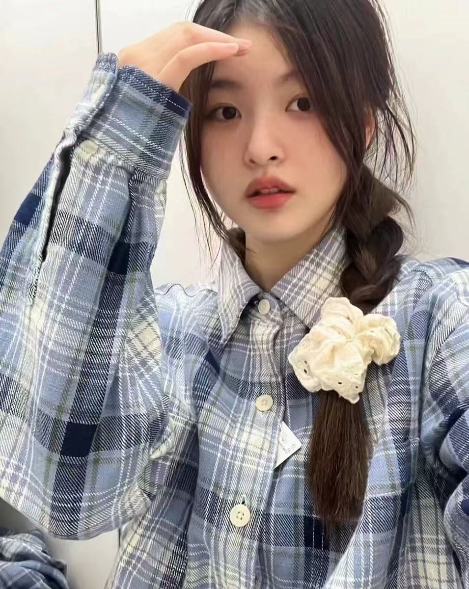 Retro blue plaid American long-sleeved shirt spring and autumn new versatile loose shirt casual top jacket