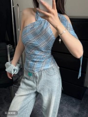 Official picture: halter neck strap contrast color plaid sleeveless vest for women 2025 summer new style