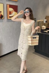 2025 hook flower retro forest layered dress spring and summer hollow knitted A-line long skirt temperament sleeveless suspender skirt