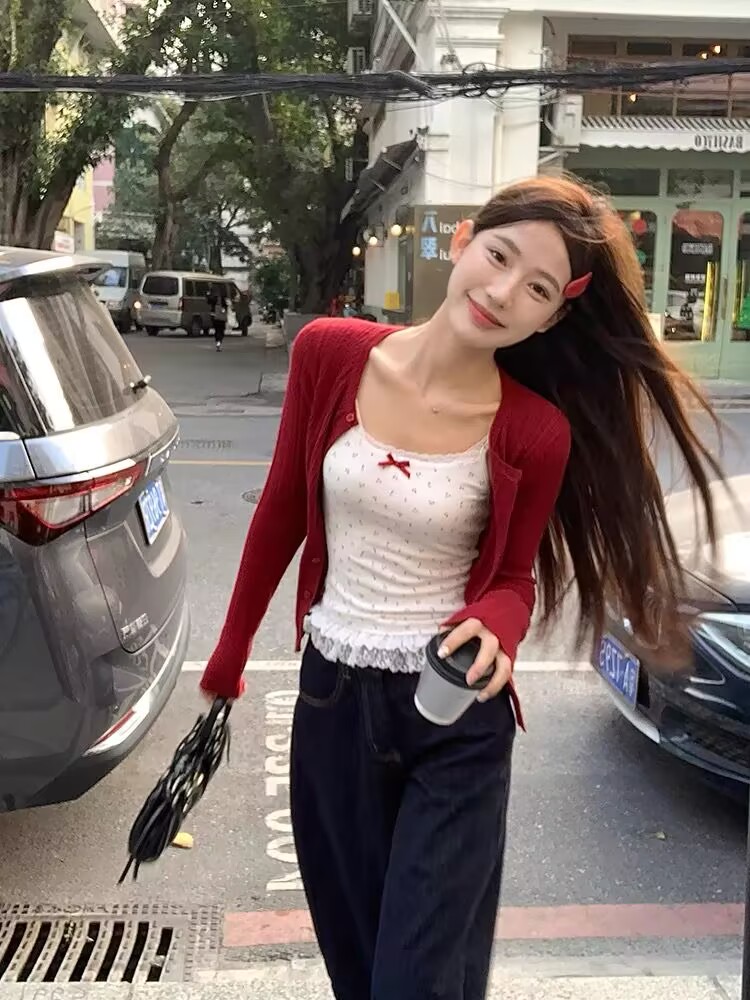 紅色修身針織衫女2025春季新款辣妹百搭外穿開衫上衣外套潮