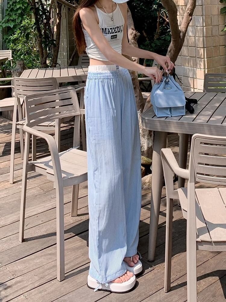 美式復古拖地褲條紋休閒長褲男女夏季薄款休閒闊腿慵懶顯瘦直筒褲
